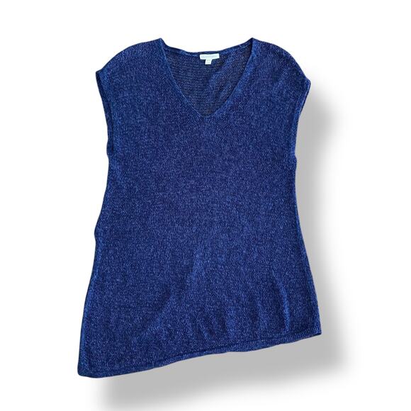Eileen Fisher Organic Linen Asymmetrical Open Knit Sweater Womens Size M Navy - Picture 1 of 7